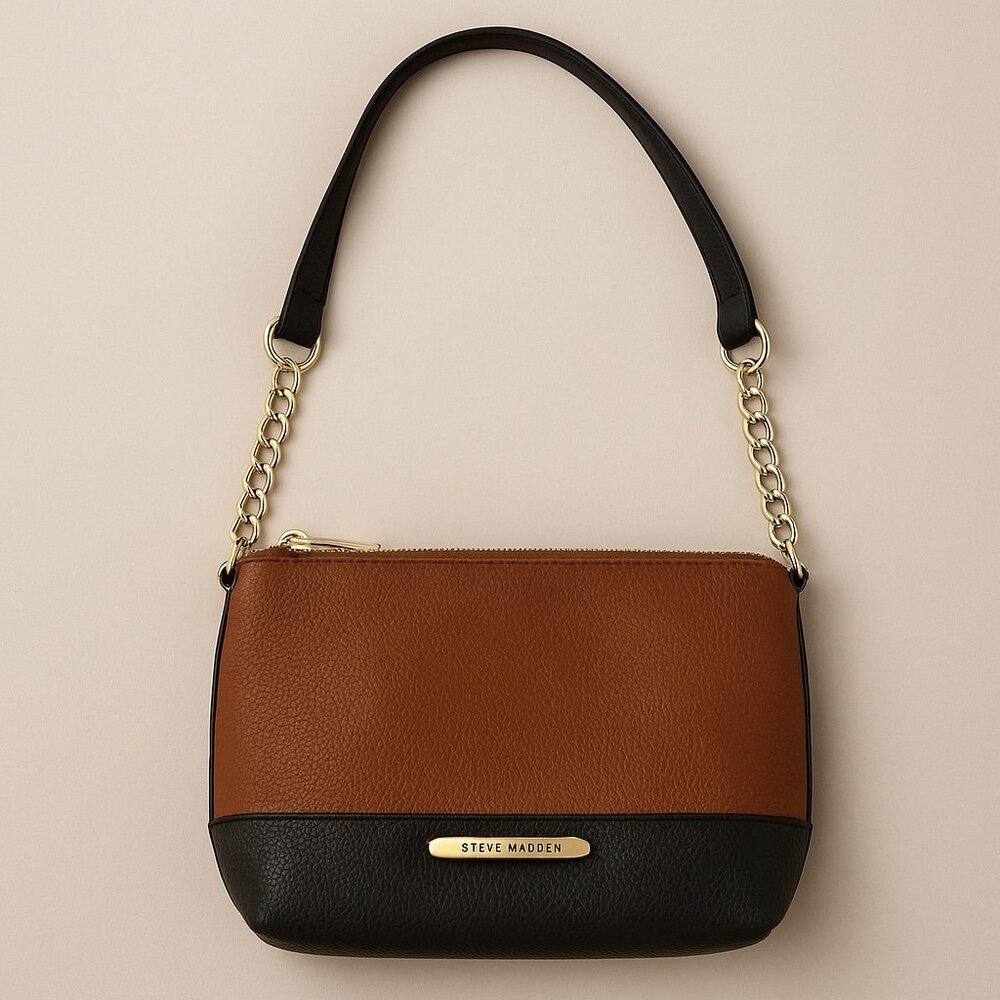 Steve Madden Crossbody Bag – Cognac & Black Two-Tone Faux Leather, Gold Chain